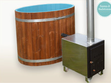 Wood Burning Hot Tub - 1,3 Meter - Thermally Modified Wood - External Furnace - Plastic inner coating Ovaler Badebottich 120cm mit Kunststoff innenbeschichtung